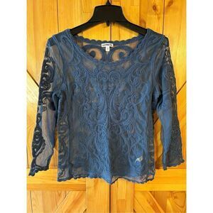 Express Blue Mesh Embroidered Long Sleeve Blouse Top Small (4942)